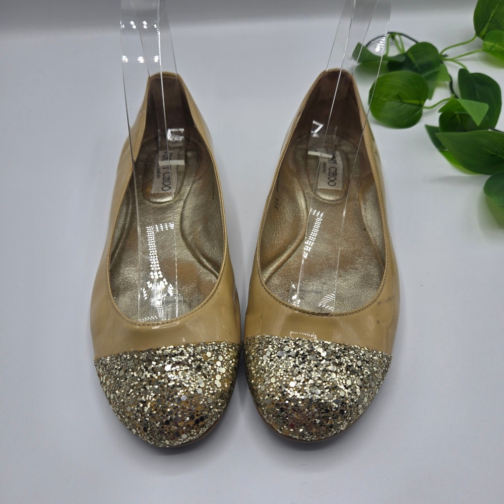 Jimmy Choo Ballet Flats Tan Patent Glitter Cap Toe WMS 38.5 Made in Italy